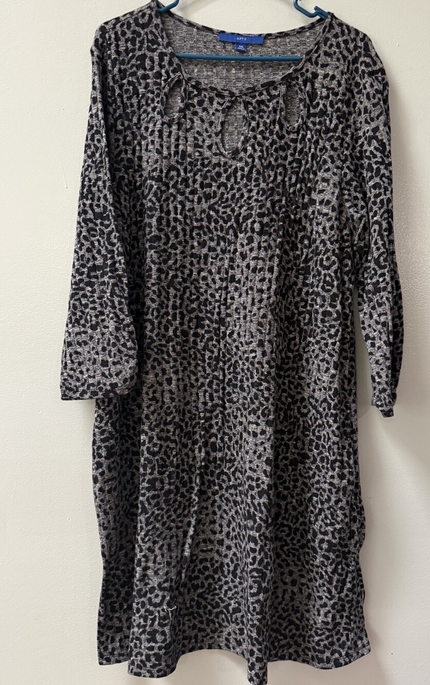 Apt 9 Womens XL Black White Animal Print Sleeveless Shift Dress Stretch Knit